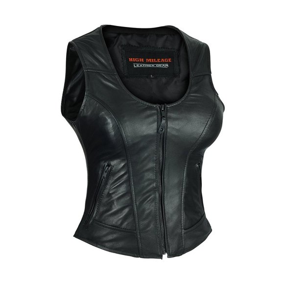 Women's Plain Side Black ''High Mileage'' Leather Vest - Picture 1 of 6